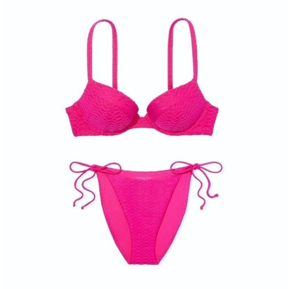 38DD/XL Victoria Secret Swim Push Up Top Bikini Set Side Tie Cheeky Hot Pink